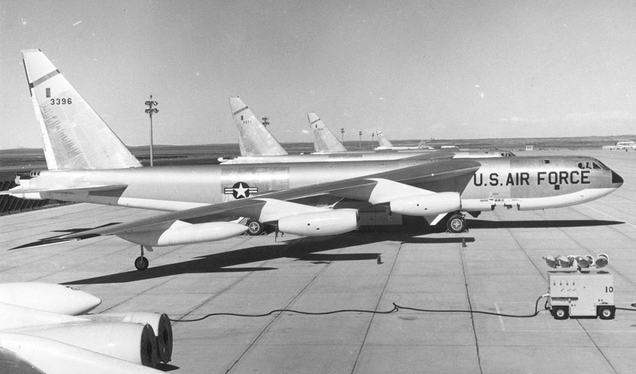 B-52s, with anti-flash paint under the fuselage and wings, at the former Loring Air Force Base in northeastern Maine. Loring AFB was one of the Strategic Air Command’s largest bomber bases during the Cold War, and was the closest point to Europe in the continental US. Loring was closed in 1991. (US Air Force)